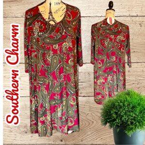 ♥️ Southern Charm♥️Size XL Woman's Boho Paisley Green & Red Comfy Dress